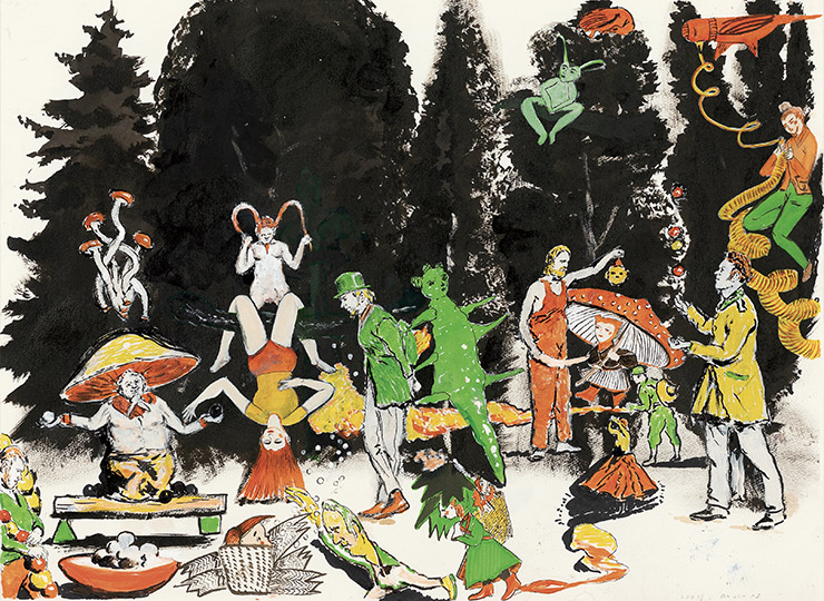 Neo Rauch & Rosa Loy, <경계(Am Saum)>, Pencil, ink, acrylic, gouache on paper, 39x53cm, 2018.