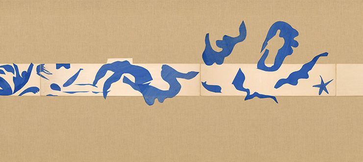 Henri Matisse, <The Swimming Pool>, Nice -Cimiez, Hotel Regina, late summer 1952, Nine-panel mural in two parts: gouache on paper, cut and pasted, on white painted paper, mounted on burlap. 230.1x847.8cm. Digital image, The Museum of Modern Art, New York/Scala, Florence