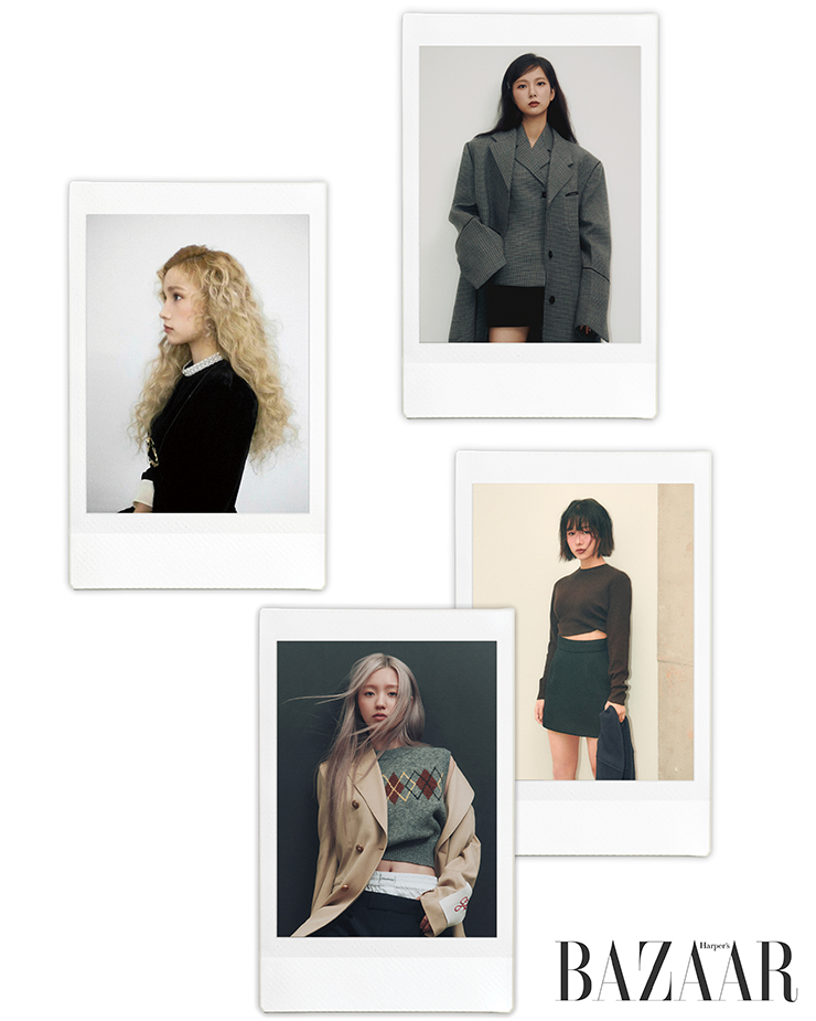 (휴닝바히에) 벨벳 소재의 점프수트는 Sandro. 목에 걸고 있는 안경은 Gucci. 안경줄은 Spring Strings. (최유진) 오버사이즈 코트, 재킷은 Ferragamo. 미니스커트는 Threetimes. (히카루) 크롭트 니트 톱은 Patou. 스커트는 Tod’s. 손에 들고 있는 더플 코트는 Prada. (강예서) 니트 베스트는 Maisonmarais. 재킷은 Golden Goose. 트렁크 팬츠가 레이어드된 슬랙스는 Alexander Wang.